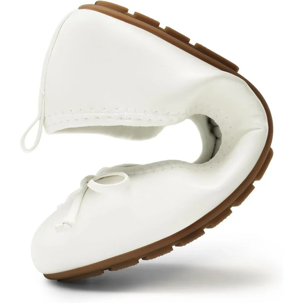 Women's White Bowknot Round Toe Comfort Light Weight Slip-on Foldable Flats